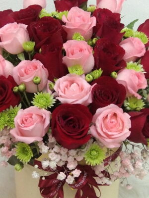 red & pink roses in a box