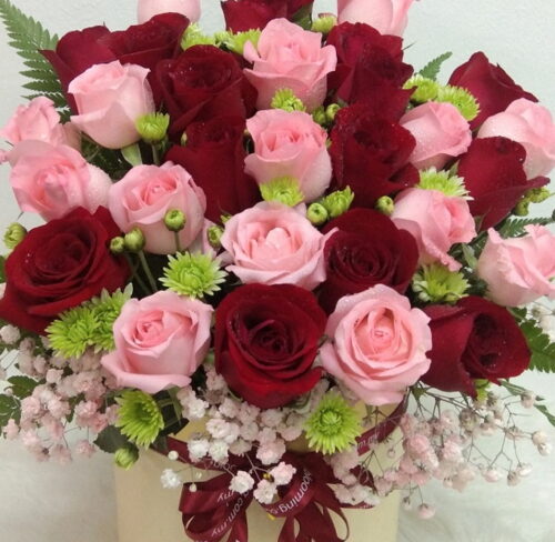  red & pink roses in a box