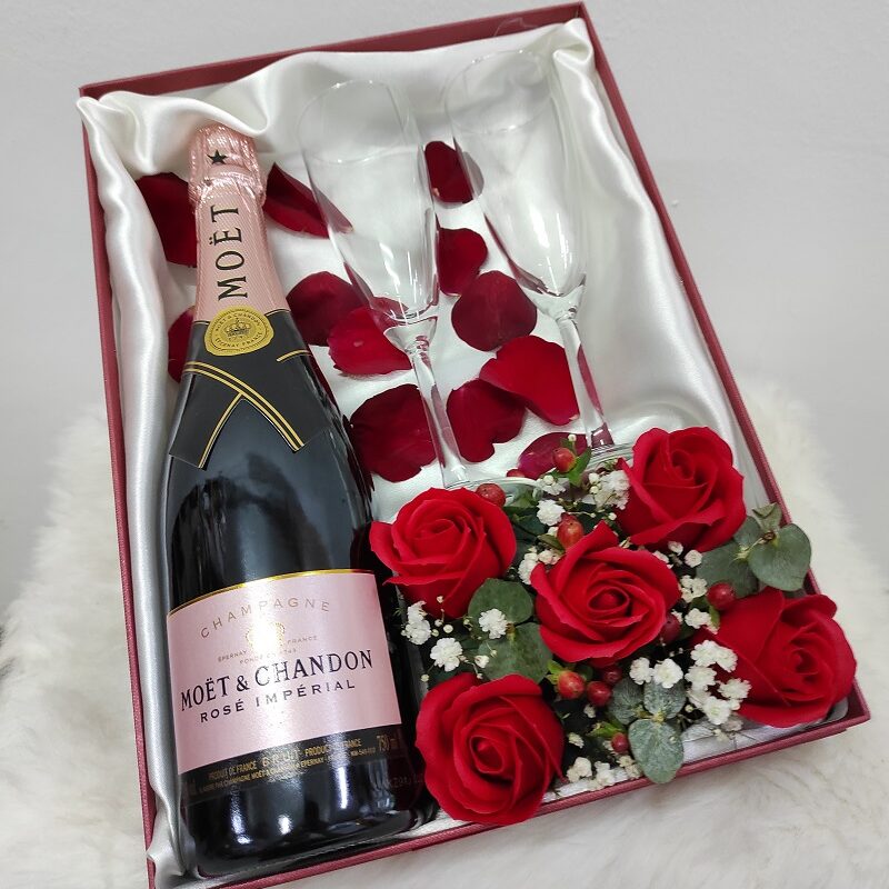flower box with champagne wine