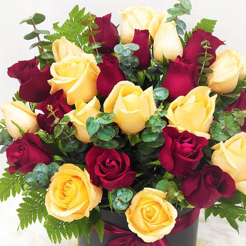 Mixed champagne & red roses in a box