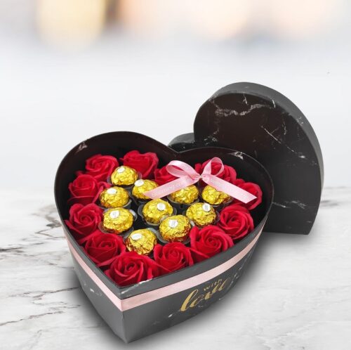 red roses & ferrero rocher chocolates in heart box