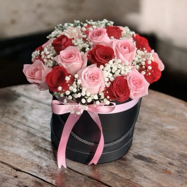 Brilliant red and pink roses in an elegant box - Blooming